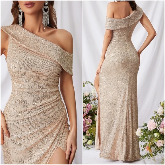 Luxe Sequin Split Thigh One Shoulder Party Wedding Formal Dress - Picture 5 of 9